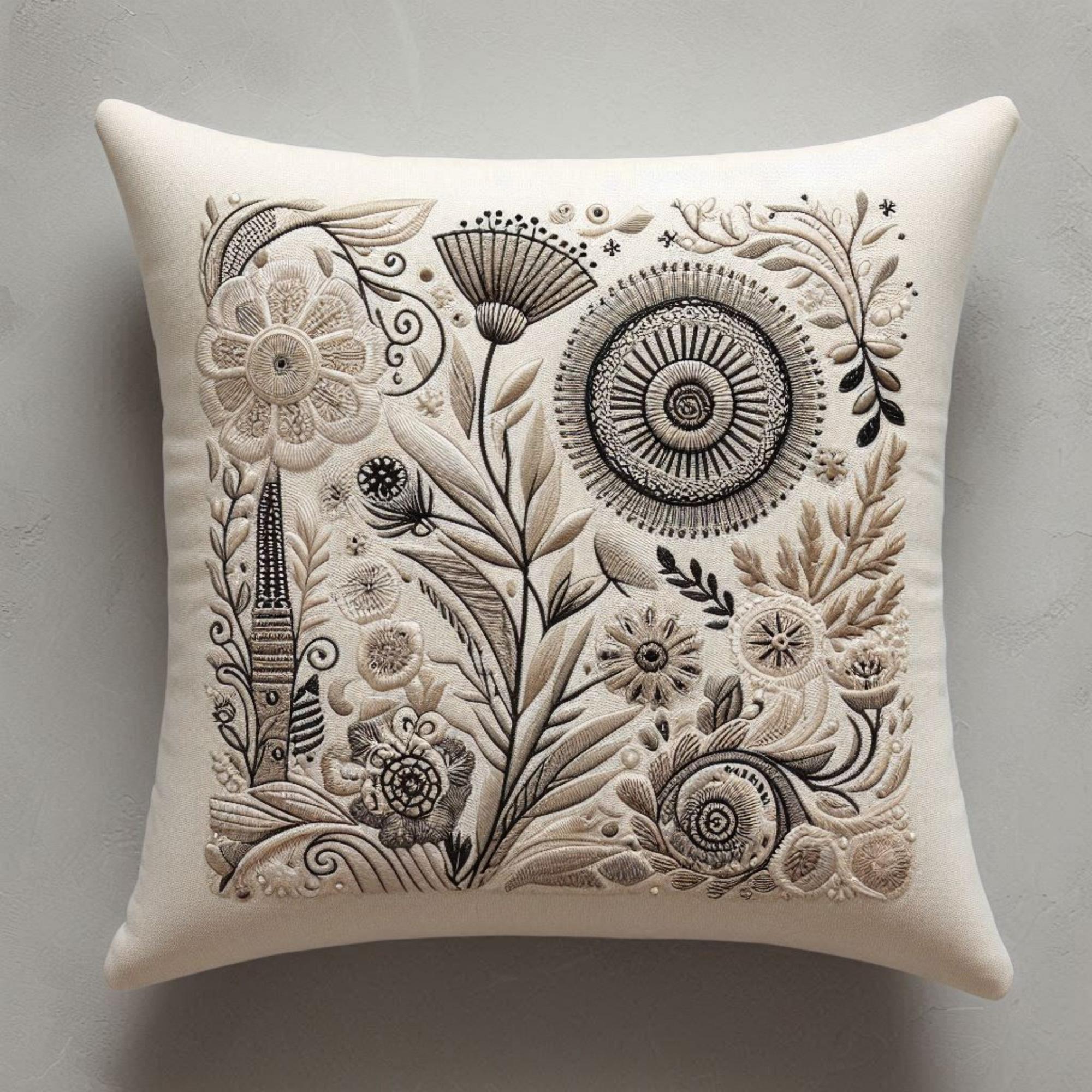Modern embroidered cushion with geometric motif