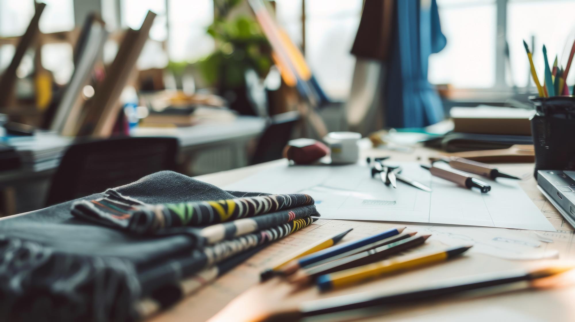 Workshop table with sketches and threads